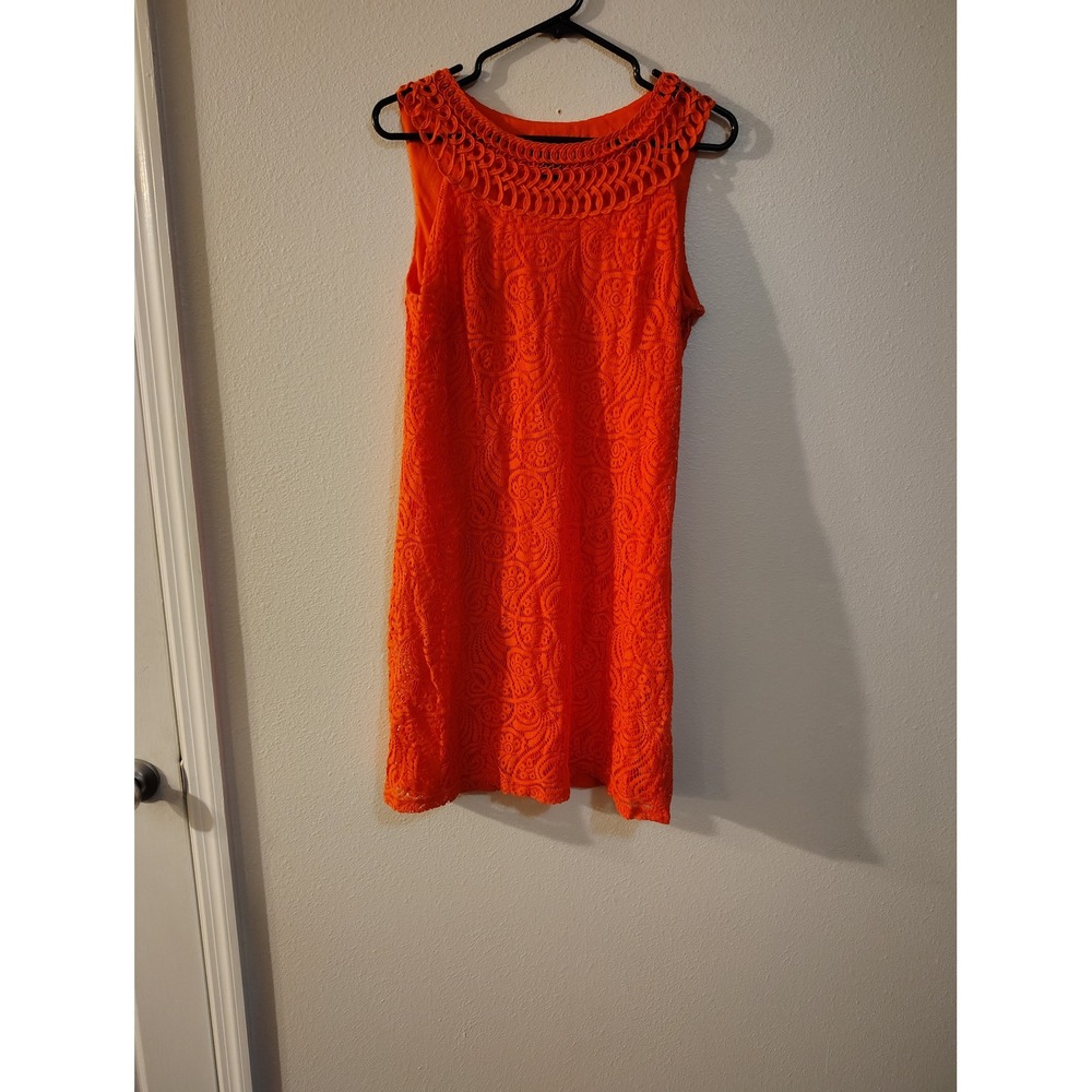 Jessica Howard Orange Lace Shift Dress Crochet Neckline‎ Petite 12P Sleeveless